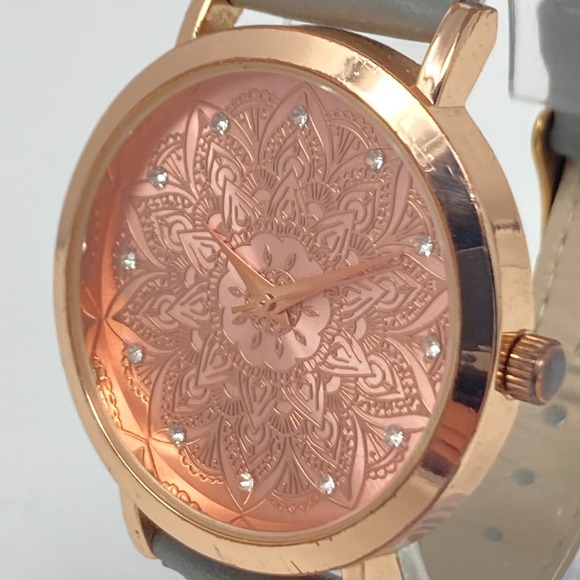 Accutime Mandala Watch Women Rose Gold Tone 38mm Bling Leather New Battery 8.5" - Picture 4 of 15